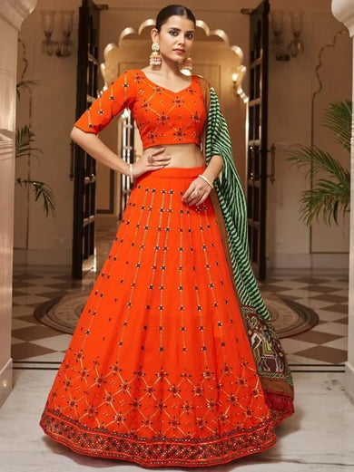 Appealing Orange Sequins Embroidery Georgette Lehenga Choli